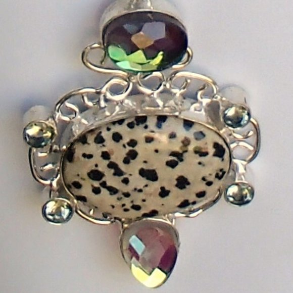 Dalmation Jasper Rainbow Topaz Green Amethyst .925 Scrollwork Pendant Only - Picture 2 of 10